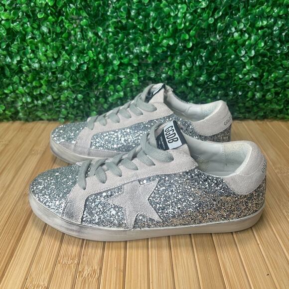 Golden Goose Super-Star in Silver Glitter with Ice-Gray Suede Star Womens Sz 6.5 - Picture 1 of 12